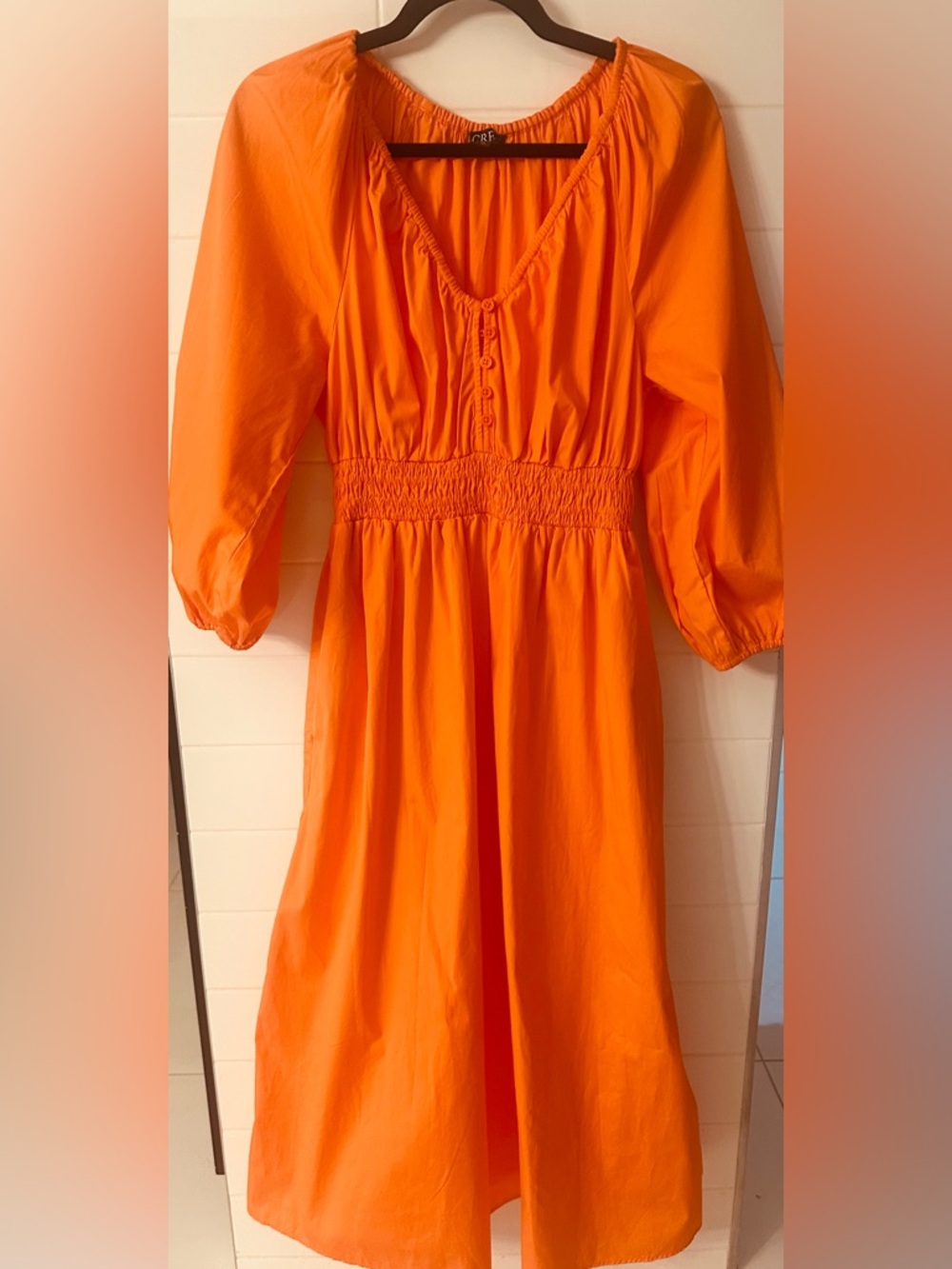 J. Crew Bright Orange Smocked-Waist 💯 Cotton Midi Dress NWOT - Picture 3 of 8